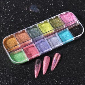 Chrome naglar pulver med färgrik chrome pigment. Chrome pulver är att göra Chrome pulver naglar, Laser holographic pulver - Närbild 2 på produkten och display med olika färger