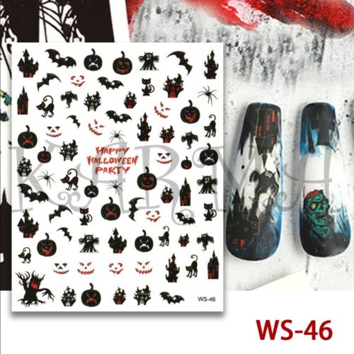 Coola svarta halloween tema nagelklistermärken med olika mönster. Super cool halloween nail stickers nageldekorationer WS-46